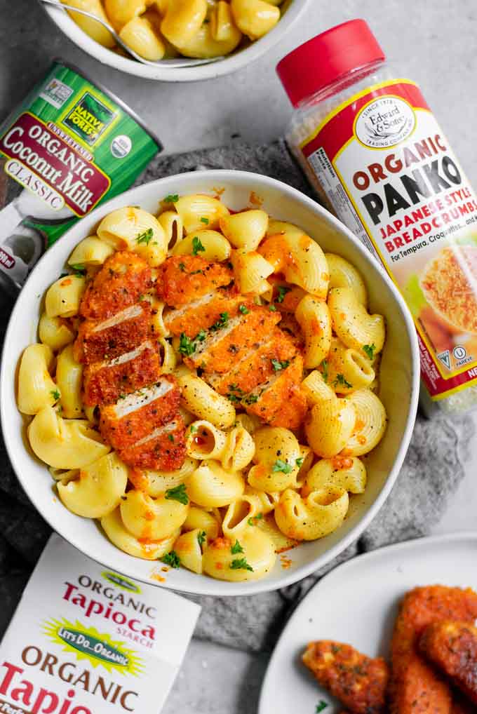 buffalo wing mac and cheese with the Edward & Son's product used in recipe