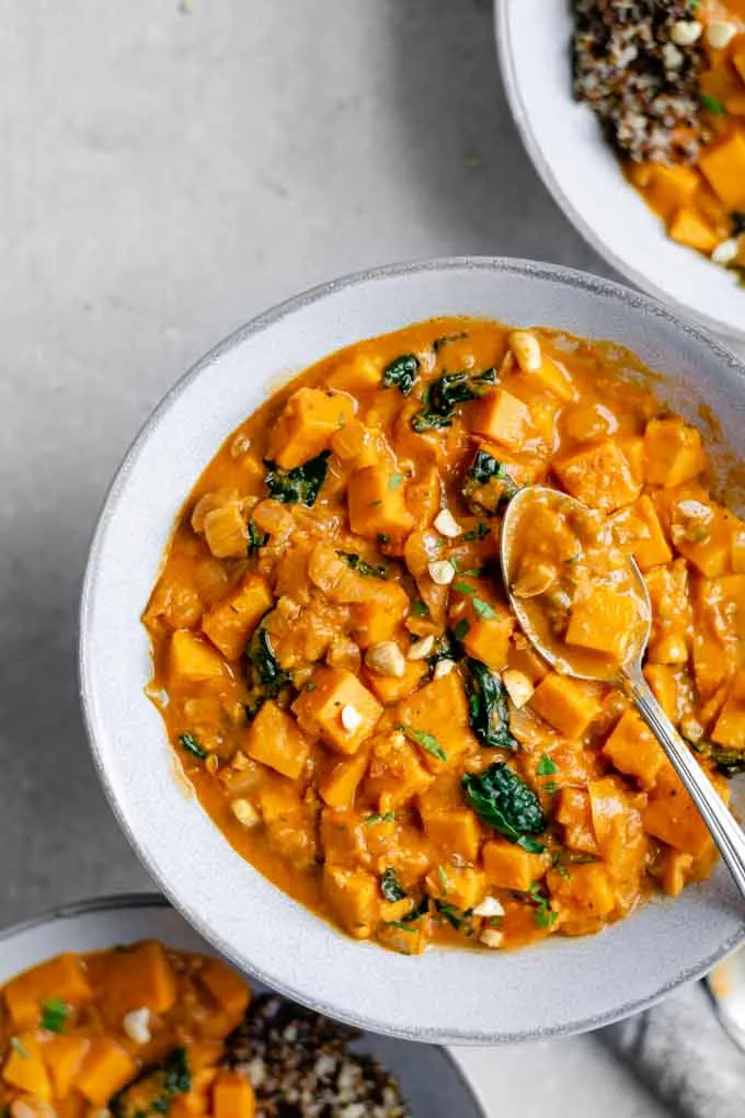 african curry sweet potato, kale, and peanut stew