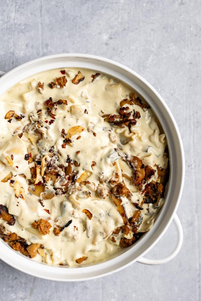 easy vegan mushroom lasagna skillet, before baking