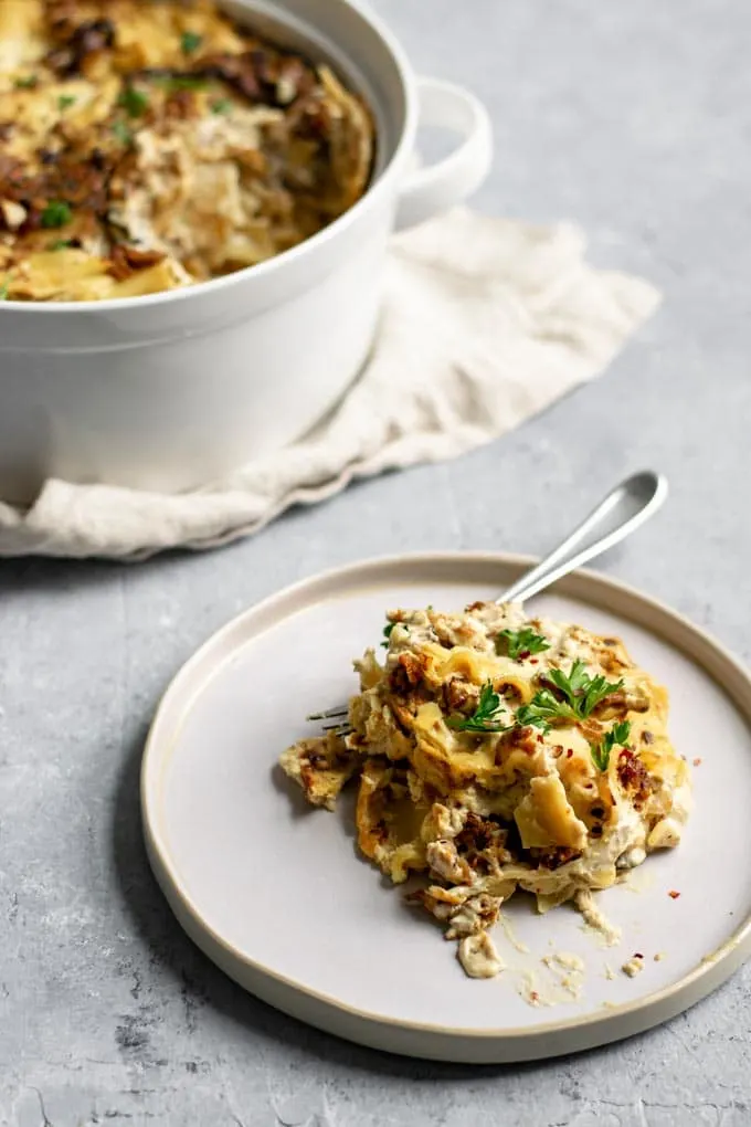 a serving of the easy vegan mushroom lasagna skillet