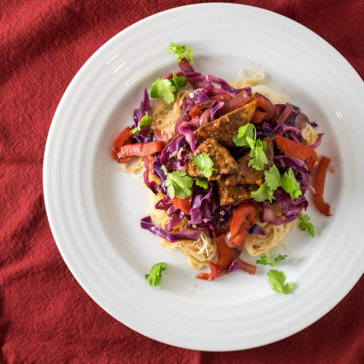 Tamarind Glazed Tempeh with Stir Fried Vegetables and Rice Noodles