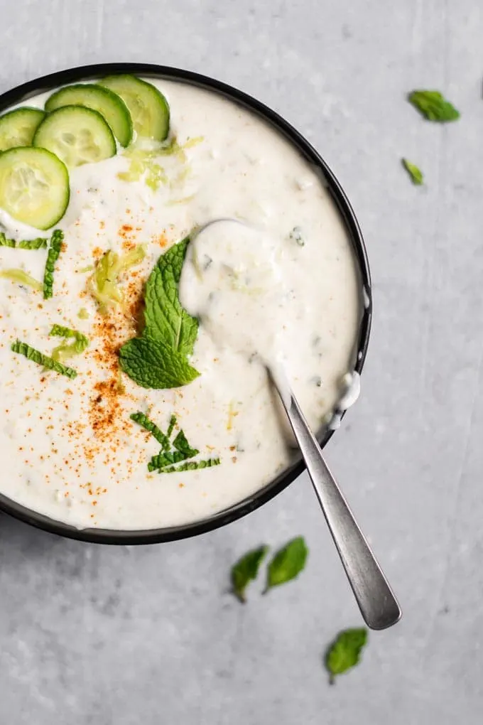 Vegan Raita, Indian cucumber and mint yogurt sauce