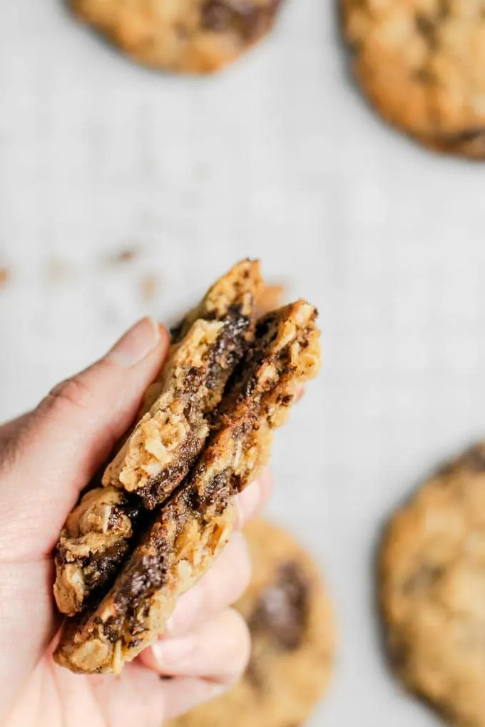 vegan peanut butter oatmeal chocolate chip cookie broken in half to show the texture oats inside the cookie