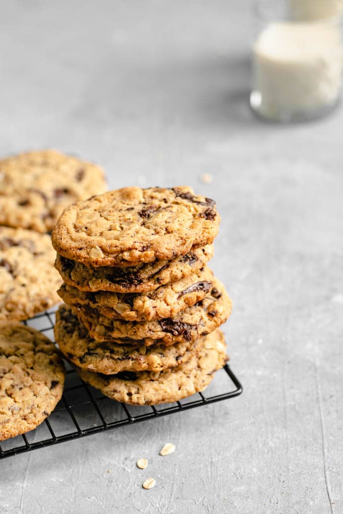 Stack of vegan peanut butter oatmeal chocolate chip cookies