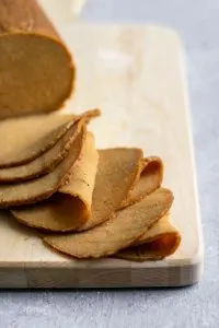 homemade seitan deli meat slices, thinly sliced from the loaf