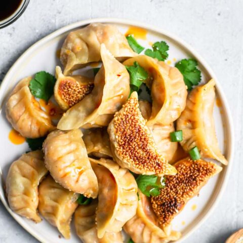 gochujang tofu dumplings drizzled with chili oil and garnished with cilantro and green onion