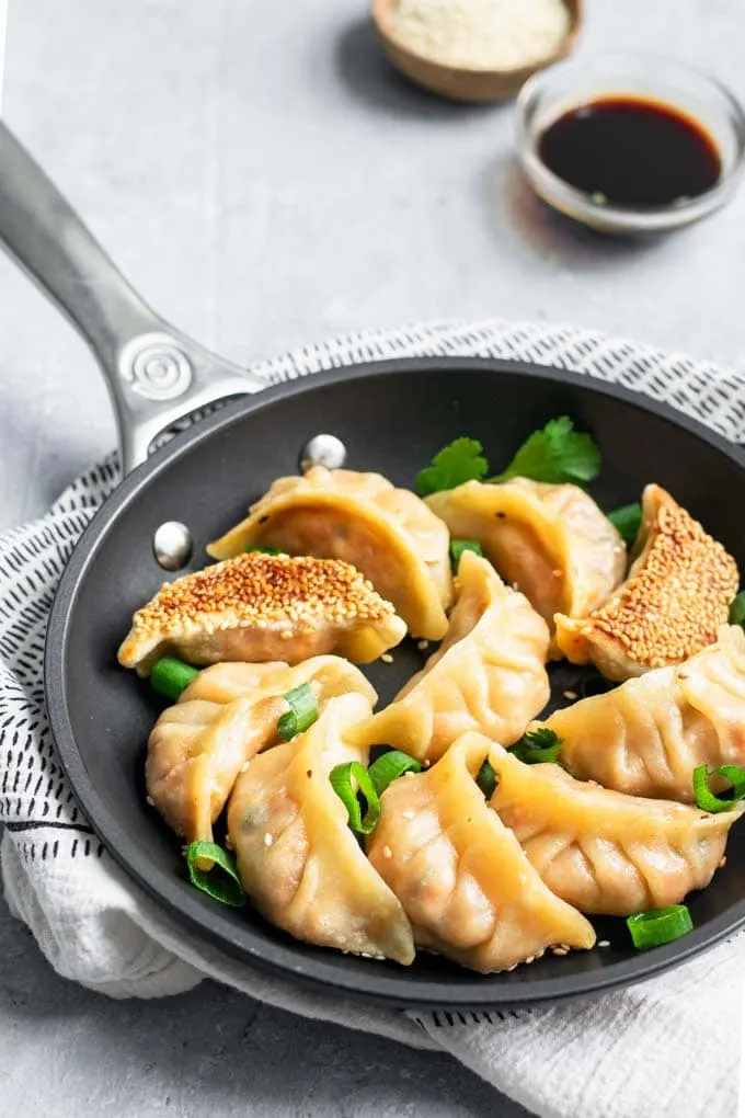 cooked dumplings in the skillet