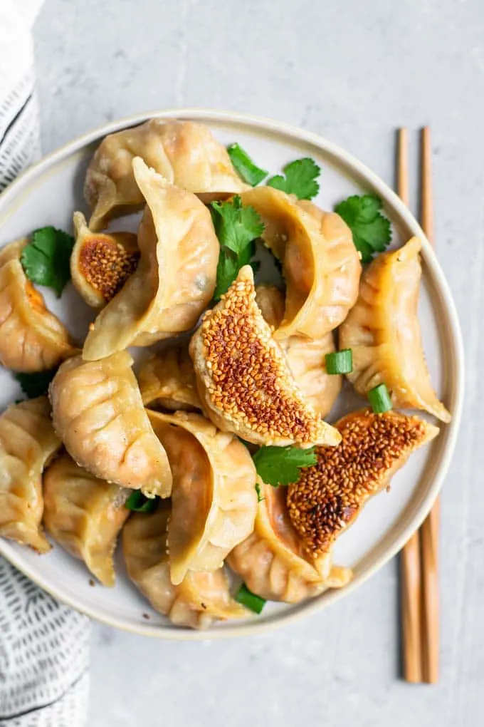 overhead closeup of gochujang tofu dumplings