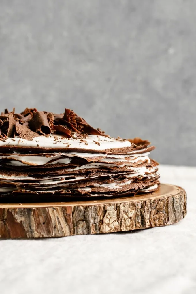 vegan dark chocolate crepe cake with a whiskey cream filling