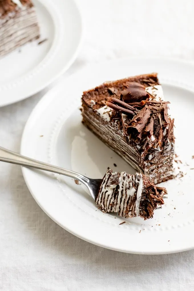 slice of vegan chocolate crepe cake