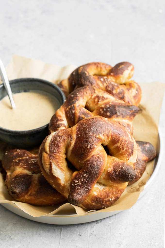 homemade soft pretzels with a mustard beer dip