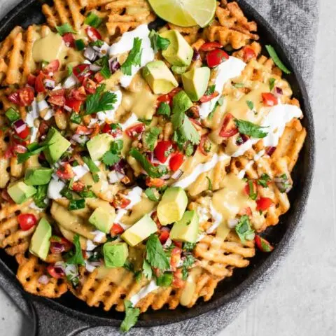 waffle fry nachos with vegan queso