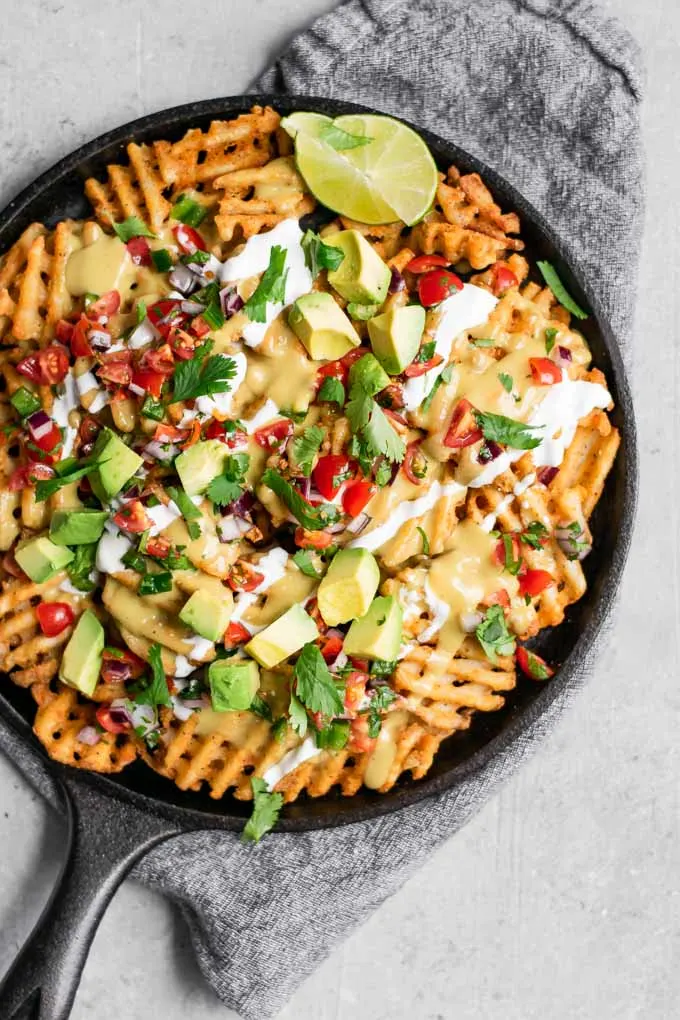 waffle fry nachos with vegan queso