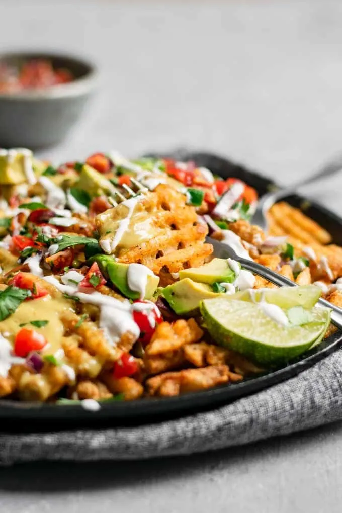 waffle fry nachos closeup