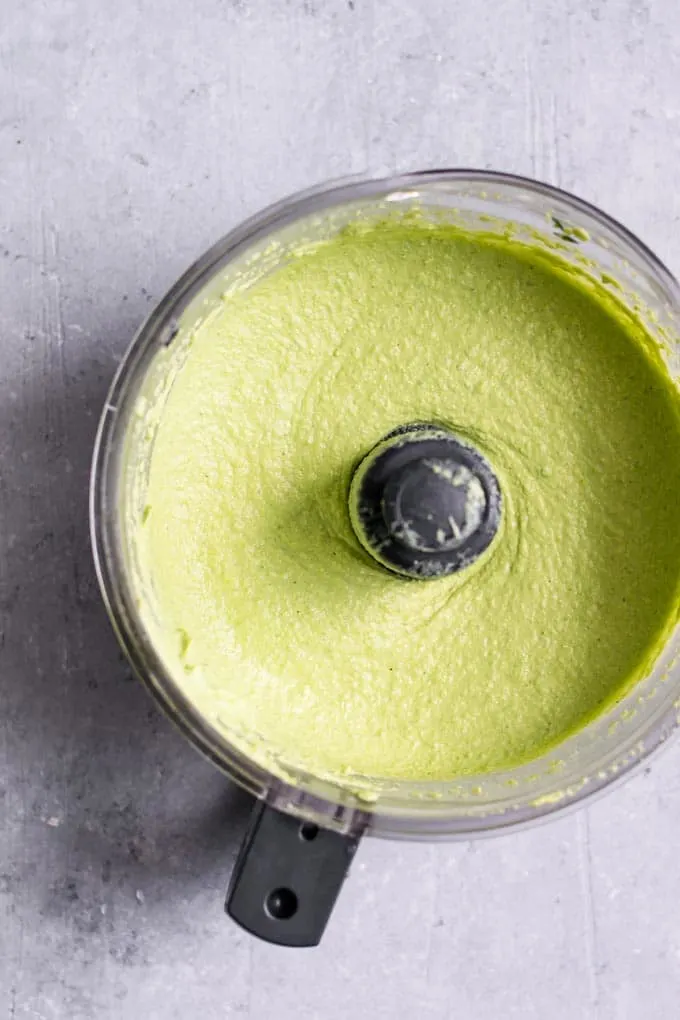 vegan whipped pea ricotta in a food processor after its been made