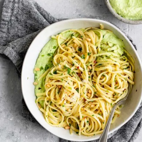 garlic linguine with vegan whipped pea ricotta