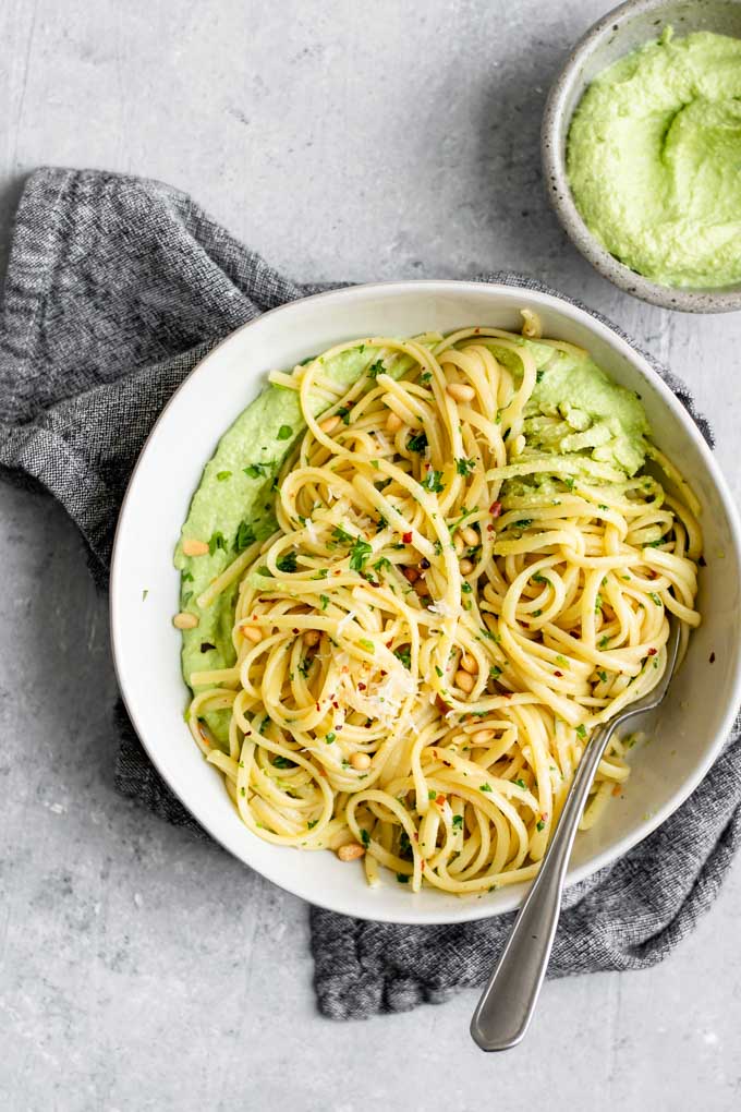 garlic linguine with vegan whipped pea ricotta