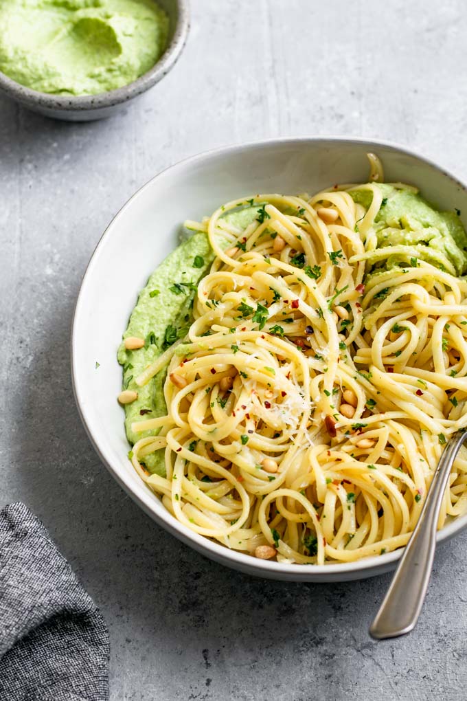 Garlic Linguine with Vegan Whipped Pea Ricotta