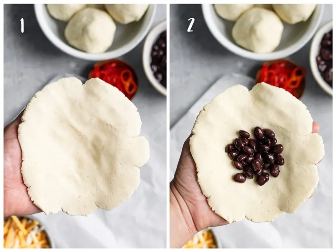 A collage of 2 photos showing the first two steps of shaping pupusas. Photo 1 shows step 1 of shaping the masa to make a flat disk, then photo 2 shows step 2 adding about 1 tbsp of black beans to the center.