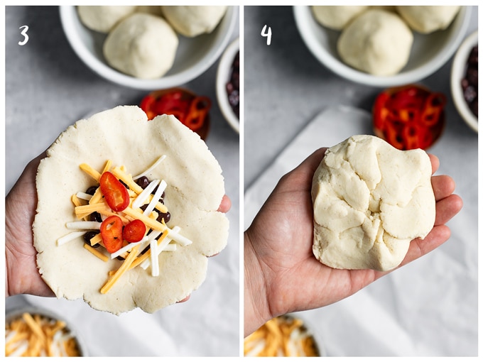 A collage of 2 photos showing the third and fourth steps of shaping pupusas. Photo 1 shows step 3, adding a bit of shredded vegan cheese and some sliced peppers on top of the beans, then photo 2 shows step 4 where the edges of the masa are folded over and sealed in the center to cover the filling.