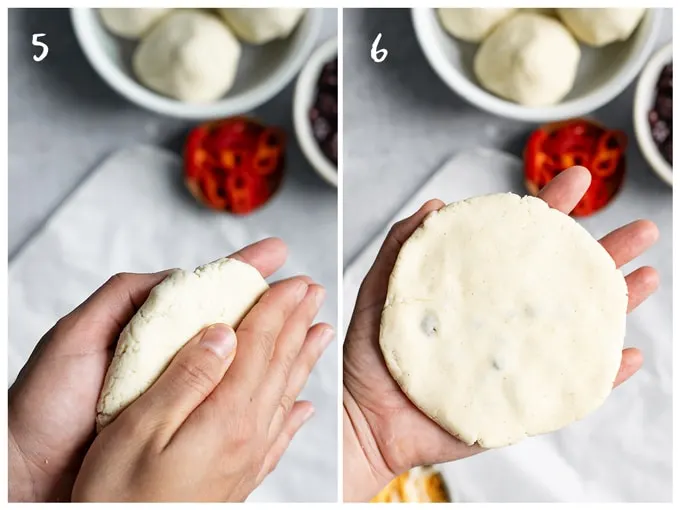 A collage of 2 photos showing the fifth and six steps of shaping pupusas. Photo 1 shows step 5, pressing the filled masa between two hands to flatten into a thick disk then photo 2 shows step 6 with the fully flattened and shaped pupusa.