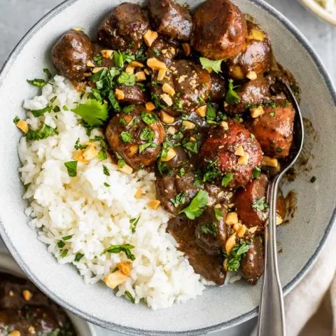 close up of vegan massaman curry with rice