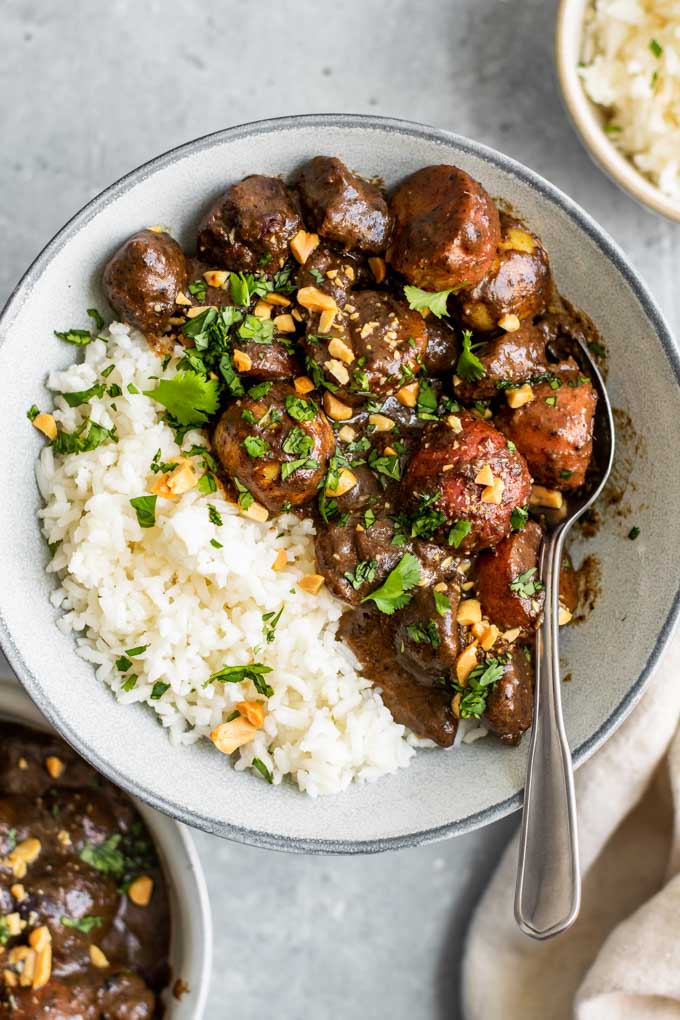 close up of vegan massaman curry with rice