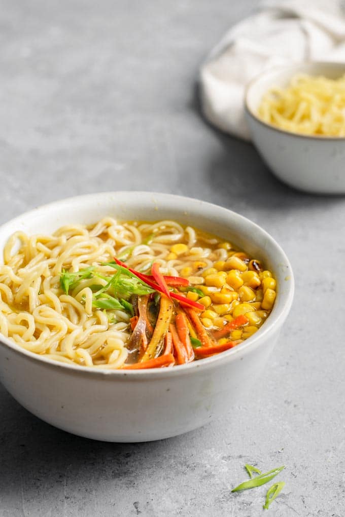 angled view of a bowl of vegan ramen