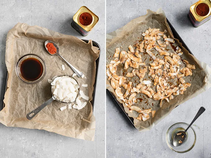 a collage, first photo shows the ingredients to make coconut bacon on a parchment lined baking tray, second photo shows the coconut flakes tossed in the marinade and spread out over a parchment lined baking tray