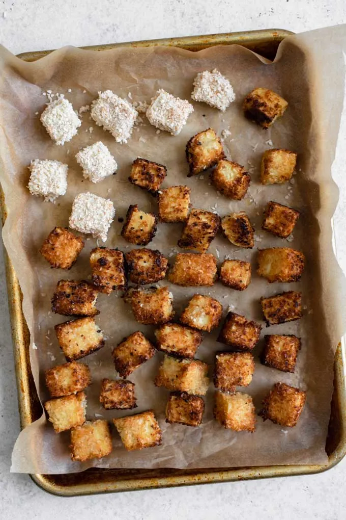 crispy coconut tofu, some pan fried and others waiting to cook.