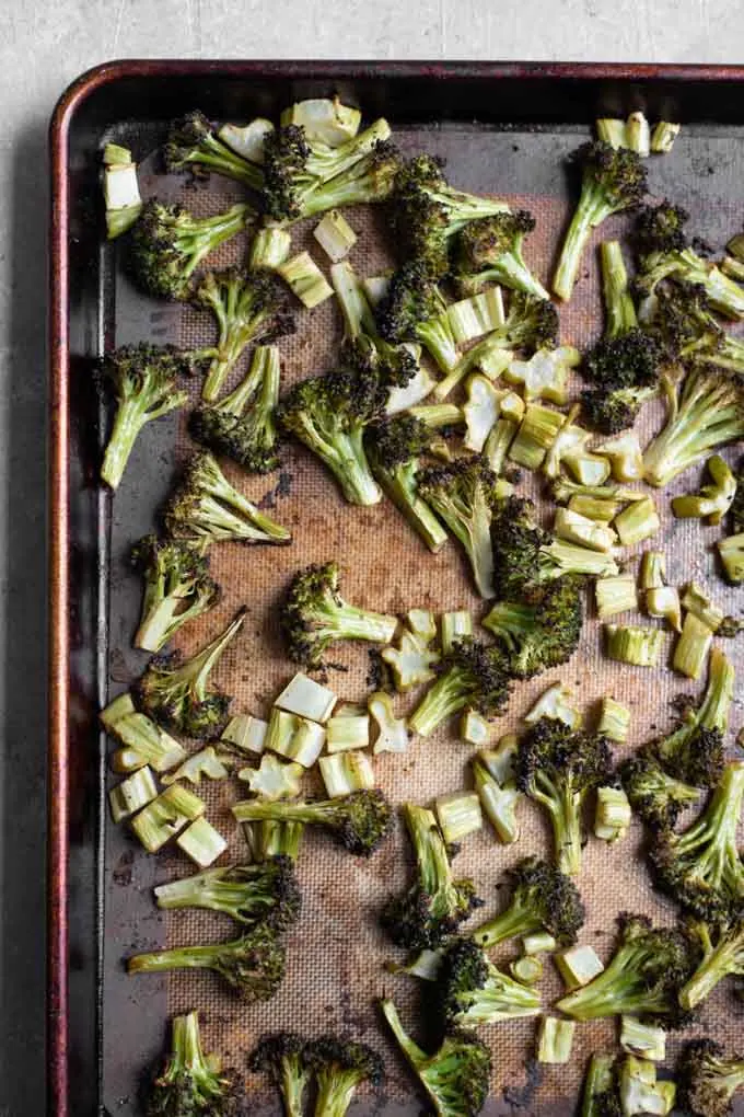roasted broccoli on a baking tray