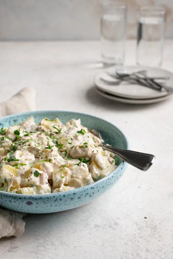 vegan classic potato salad served in a bowl