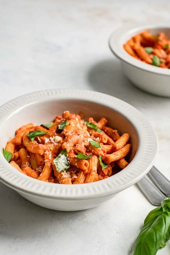 side view of a bowl of pasta with vegan vodka sauce