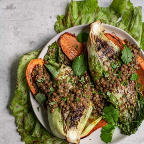 overhead view of the grilled salad with smoky lentils and roasted sweet potato and baby kale