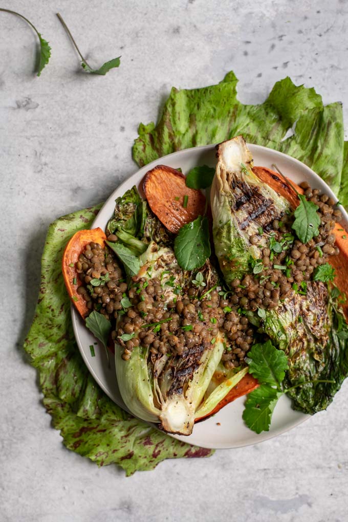 overhead view of the grilled salad with smoky lentils and roasted sweet potato and baby kale