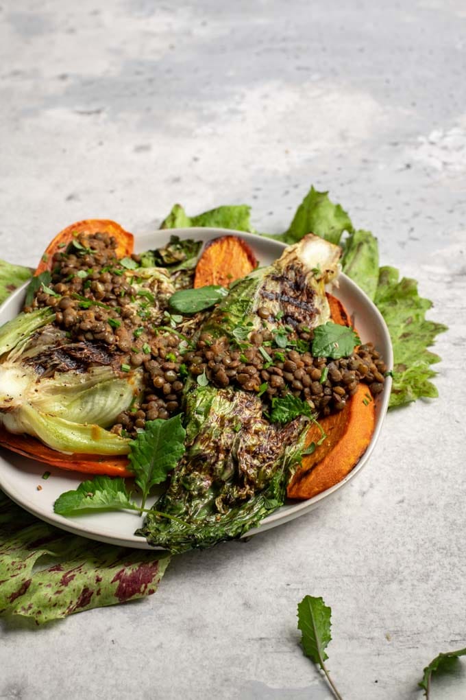 side view of the grilled salad with smoky lentils and roasted sweet potato