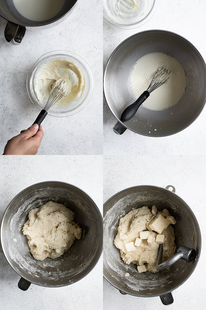 a collage of four images showing 1) the tangzhong cooked flour and milk paste, 2) mixing the paste into more milk, 3) the shaggy just mixed dough, and 4) the autolysed dough with the vegan butter added ready to knead.