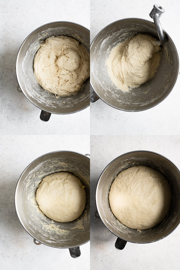 A collage of 4 photos showing the stages of kneading and rising: 1) the dough just starting to knead, with the vegan butter just incorporated, 2) the dough towards the end of kneading with the gluten developing and climbing up the dough hook, 3) the dough formed into a ball and ready to rise, 4) the dough after the rise