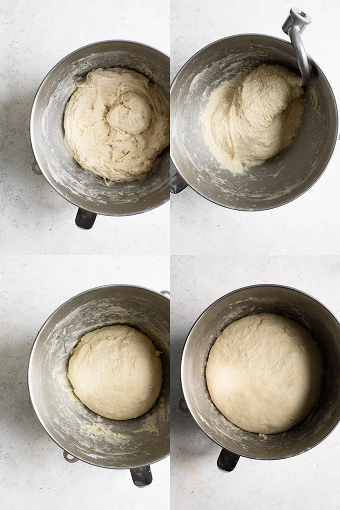 A collage of 4 photos showing the stages of kneading and rising: 1) the dough just starting to knead, with the vegan butter just incorporated, 2) the dough towards the end of kneading with the gluten developing and climbing up the dough hook, 3) the dough formed into a ball and ready to rise, 4) the dough after the rise
