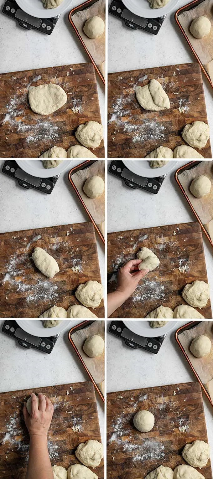 a collage showing the shaping of the dough: 1) make a rectangle with the dough, 2) fold one side in to cover the middle third, 3) fold the second side over to make an envelope fold, 4) roll the short edge of the dough 5) roll the dough gently under one palm to create a ball 6) the finish shaped bun