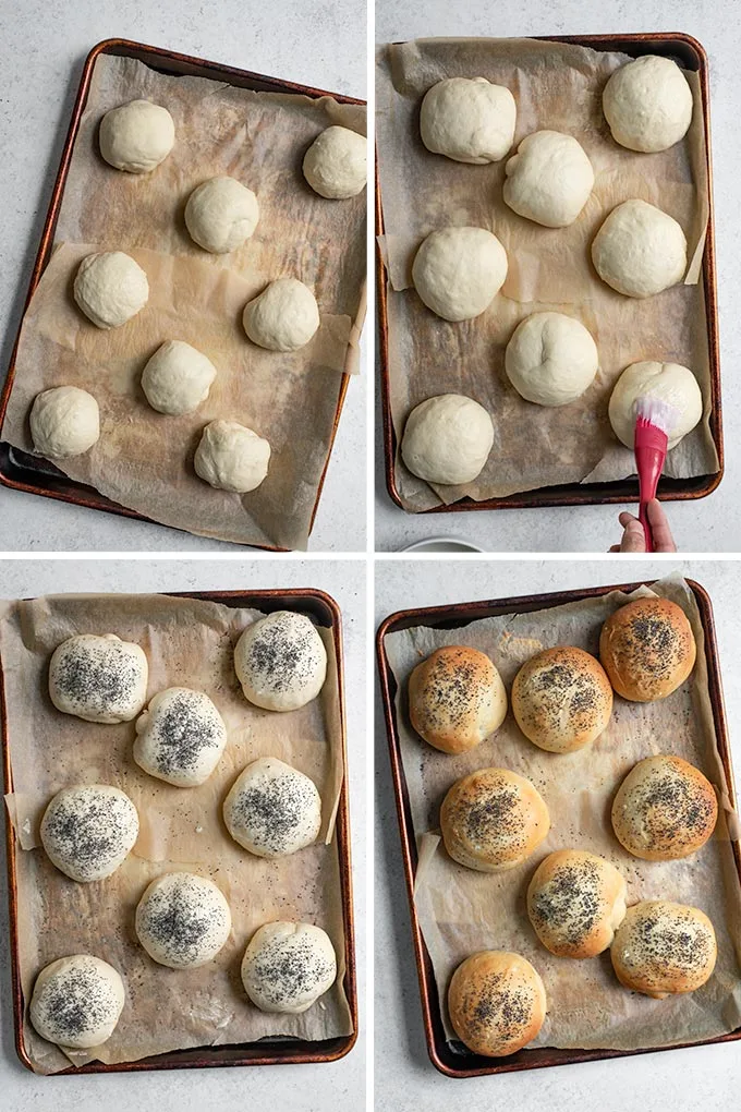 a collage showing the stages of rising and baking the buns: 1) the buns just shaped and awaiting their second rise 2) the buns after rising, brushing on a vegan egg wash, 3) the buns with poppy seeds sprinkled on top before baking, 4) the final baked buns