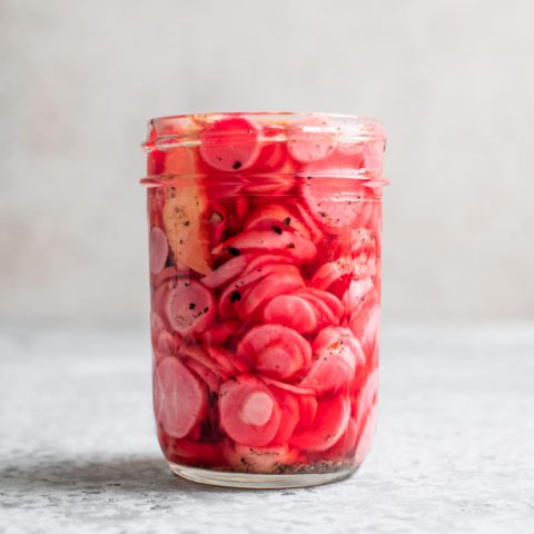 Quick pickled radishes with chile and ginger, after sitting in the fridge for a day