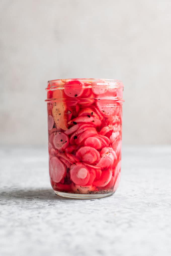 Quick pickled radishes with chile and ginger, after sitting in the fridge for a day