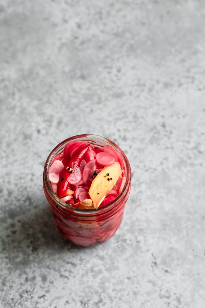 Quick pickled radishes with chile and ginger, after sitting in the fridge for a day