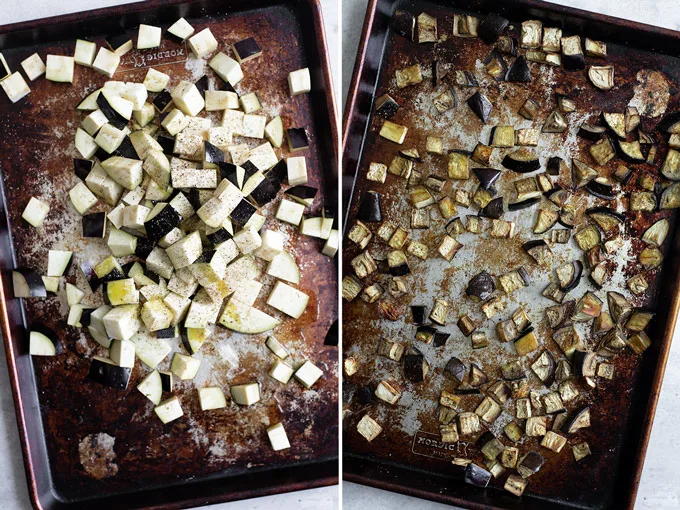 collage of two photos, on the left cubed eggplant on baking tray before roasting. On the right, the eggplant is shown after roasting, where it is deep golden and caramelized.