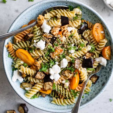 a large bowl of the za'atar pasta salad ready to serve