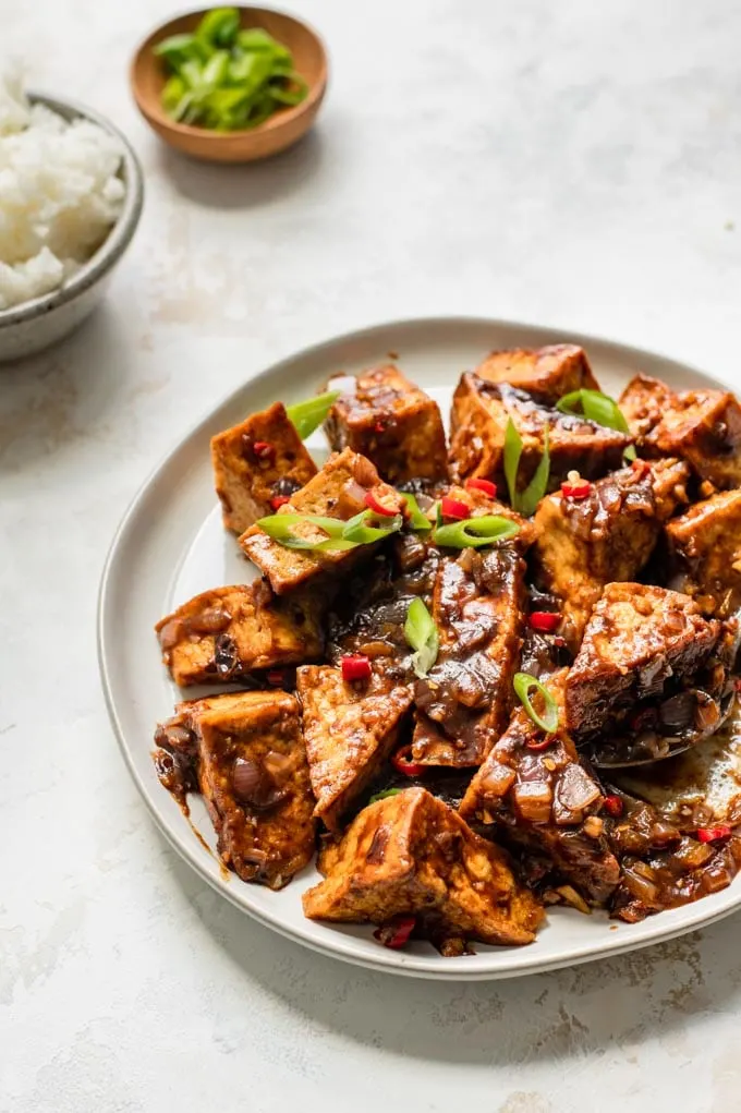 black bean sauce tofu served with scallions and rice