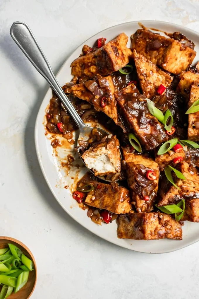 tofu with black bean sauce serve on a plate, one piece of tofu on a spoon has a bite out of it to show the texture