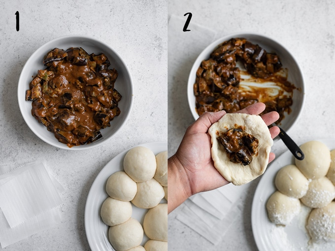 Photo collage: 1) dough balls and a bowl of filling and 2) one dough ball rolled into a circle with some filling in the center, held in a hand