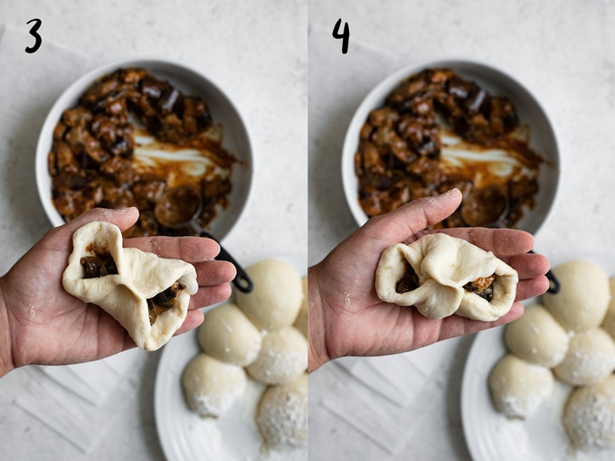photo collage: 3) two sides of the dough pinched together, 4) a second set of sides of the dough pinched together in the center